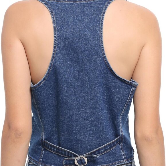 Womens Denim Vest Button Up V Neck Cropped Jean Vest Top - Picture 2 of 5